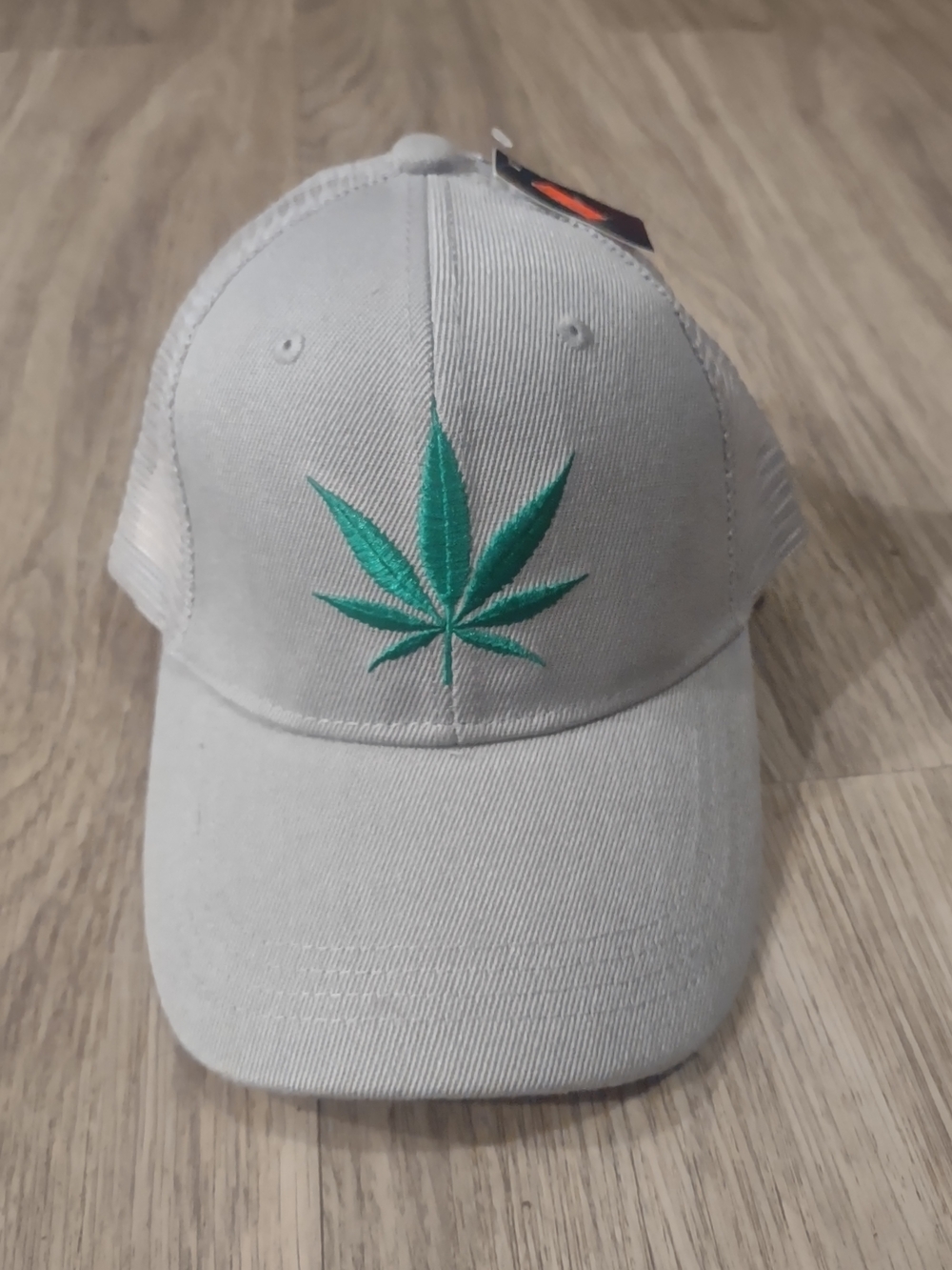 Light Gray Trucker Hat with Green Leaf Embroidery